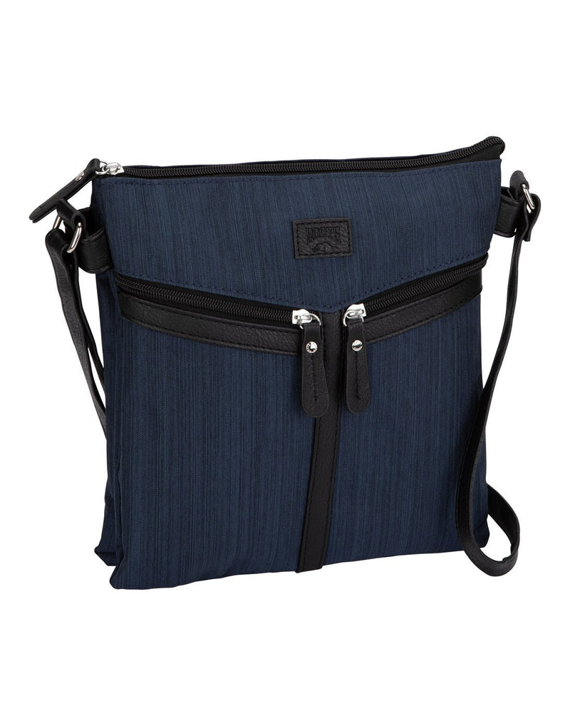 Roots 2 Compartment Slanted Pocket Crossbody, navy, with black strap, details and zippers, front angled view