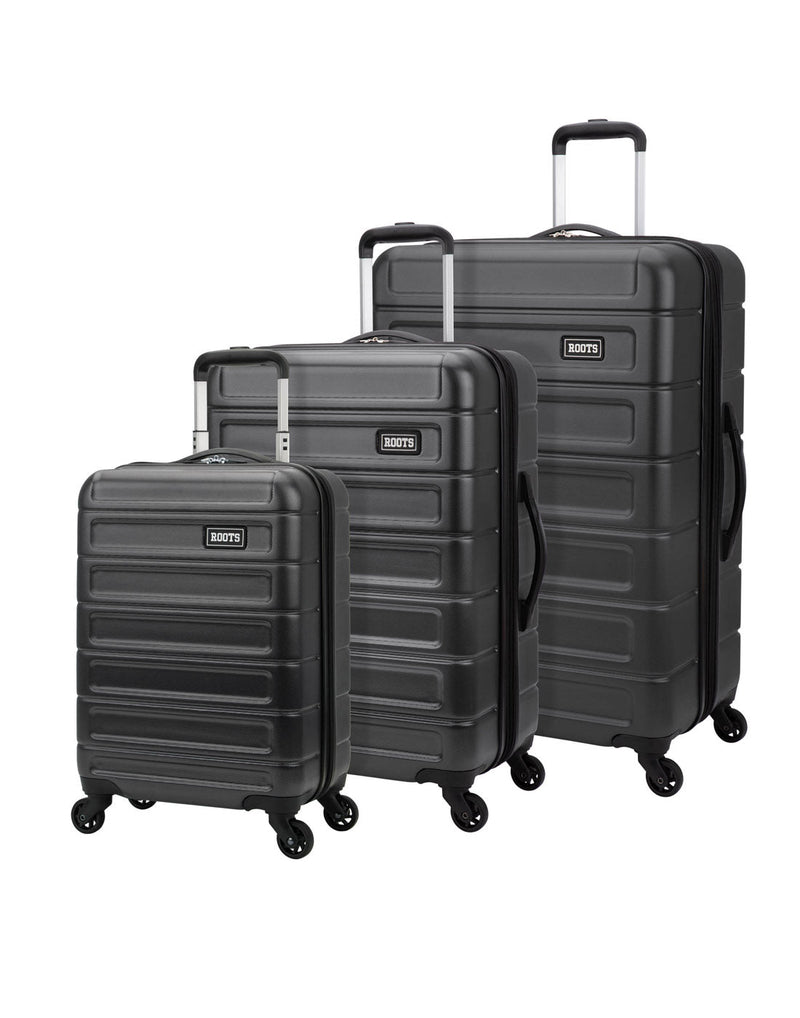 Roots Adventure 3-Piece Hardside Spinner Luggage Set in charcoal, front angled group view