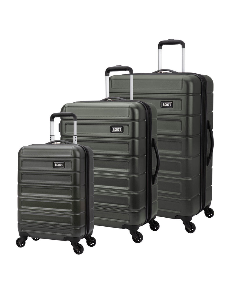 Roots Adventure 3-Piece Hardside Spinner Luggage Set in forest green, front angled group view