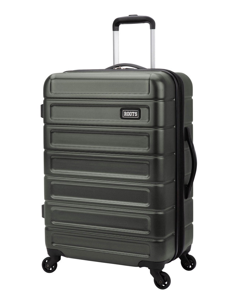 Medium size Roots Adventure luggage in forest green, front angled view
