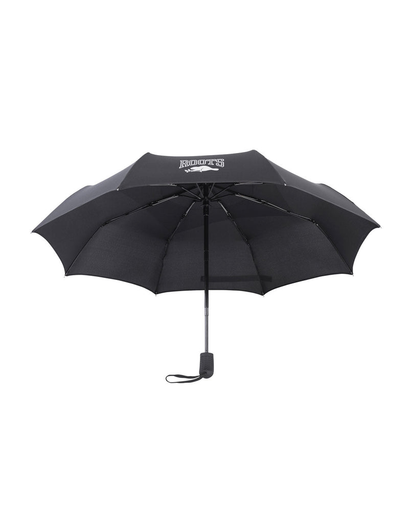 Roots Auto Open/Close Vented Canopy Umbrella in black, side view, opened