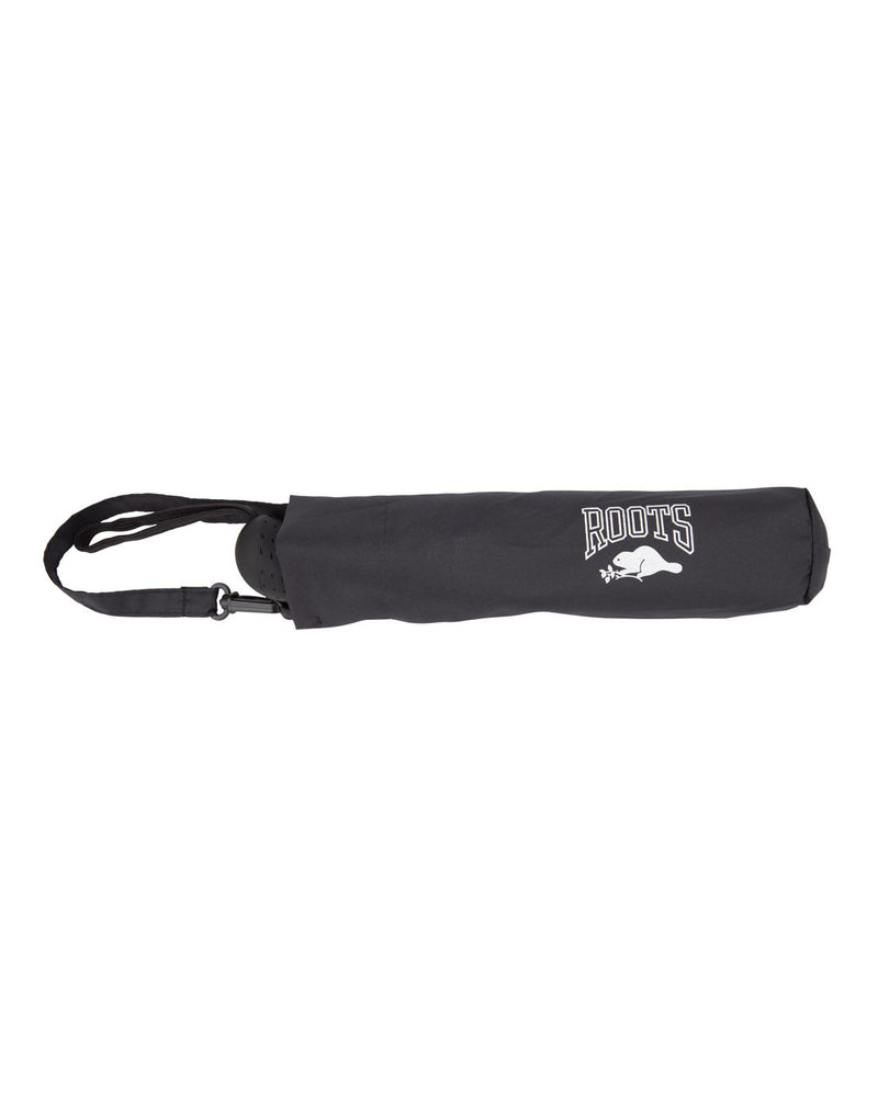 Roots Auto Open/Close Vented Canopy Umbrella in black, closed in self-fabric pouch with white Roots logo on side