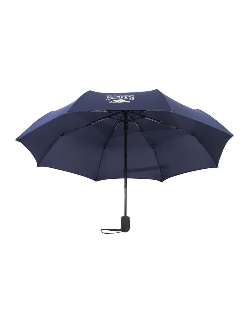 Roots Auto Open/Close Vented Canopy Umbrella in navy, side view, opened