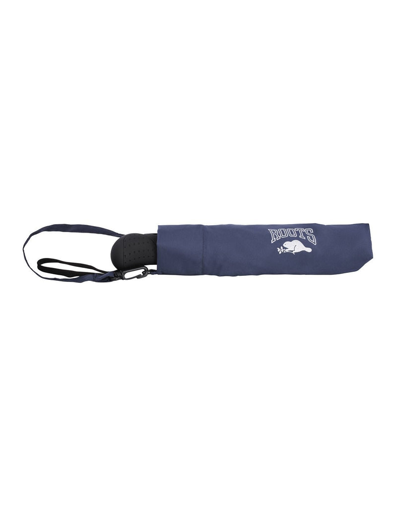 Roots Auto Open/Close Vented Canopy Umbrella in navy, closed in self-fabric pouch with white Roots logo on side