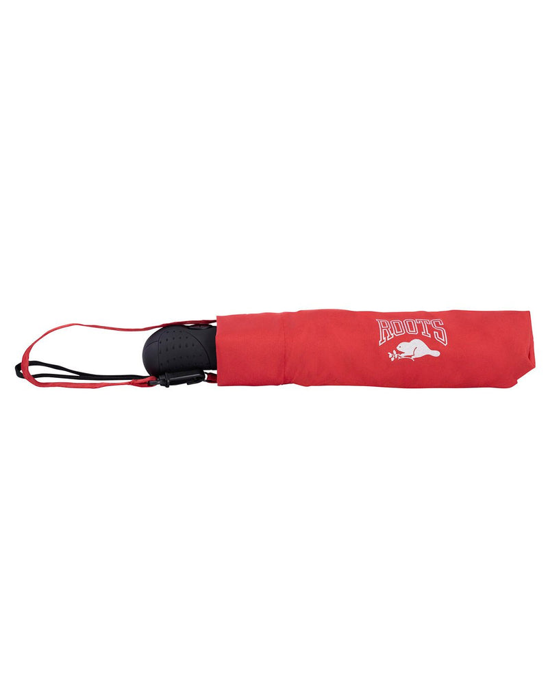 Roots Auto Open/Close Vented Canopy Umbrella in red, closed in self-fabric pouch with white Roots logo on side