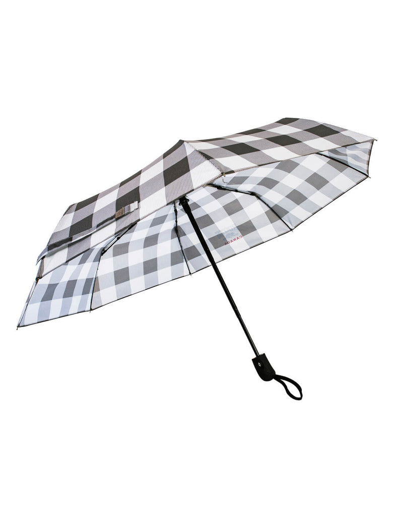 Roots Canada Plaid Umbrella in black/white plaid pattern, side angled view, opened