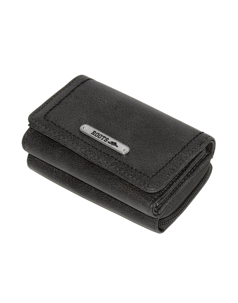 Roots Compact Trifold Wallet in charcoal black colour, front view, laying down