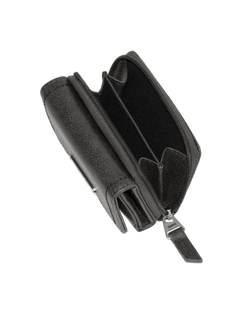 Roots Compact Trifold Wallet in charcoal black colour, top view with zippered pocket open