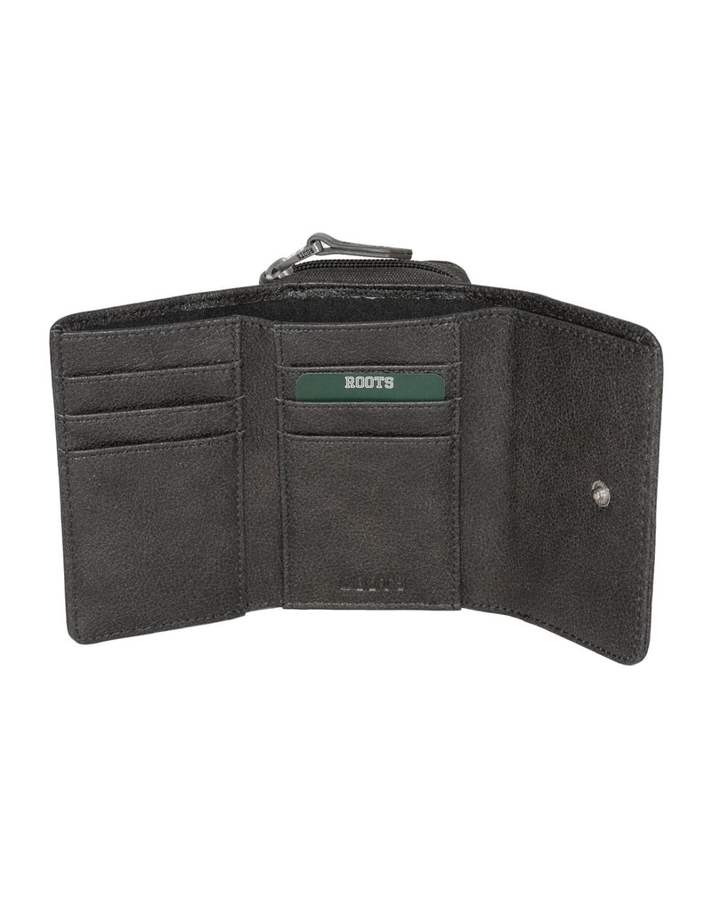 Roots Compact Trifold Wallet in charcoal black colour, inside view with card slots on two sides and button closure on third