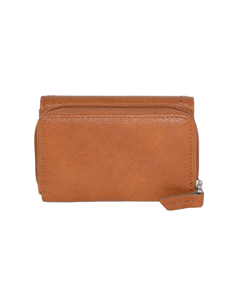 Roots Compact Trifold Wallet in cognac brown colour, back view