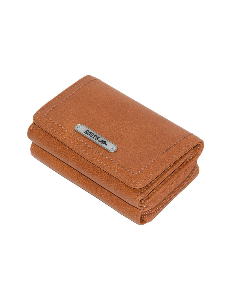 Roots Compact Trifold Wallet in cognac brown colour, front view, laying down