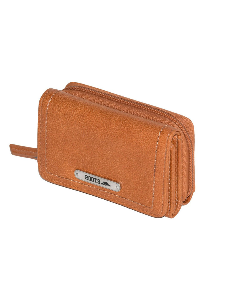 Roots Compact Trifold Wallet in cognac brown colour, front angled view