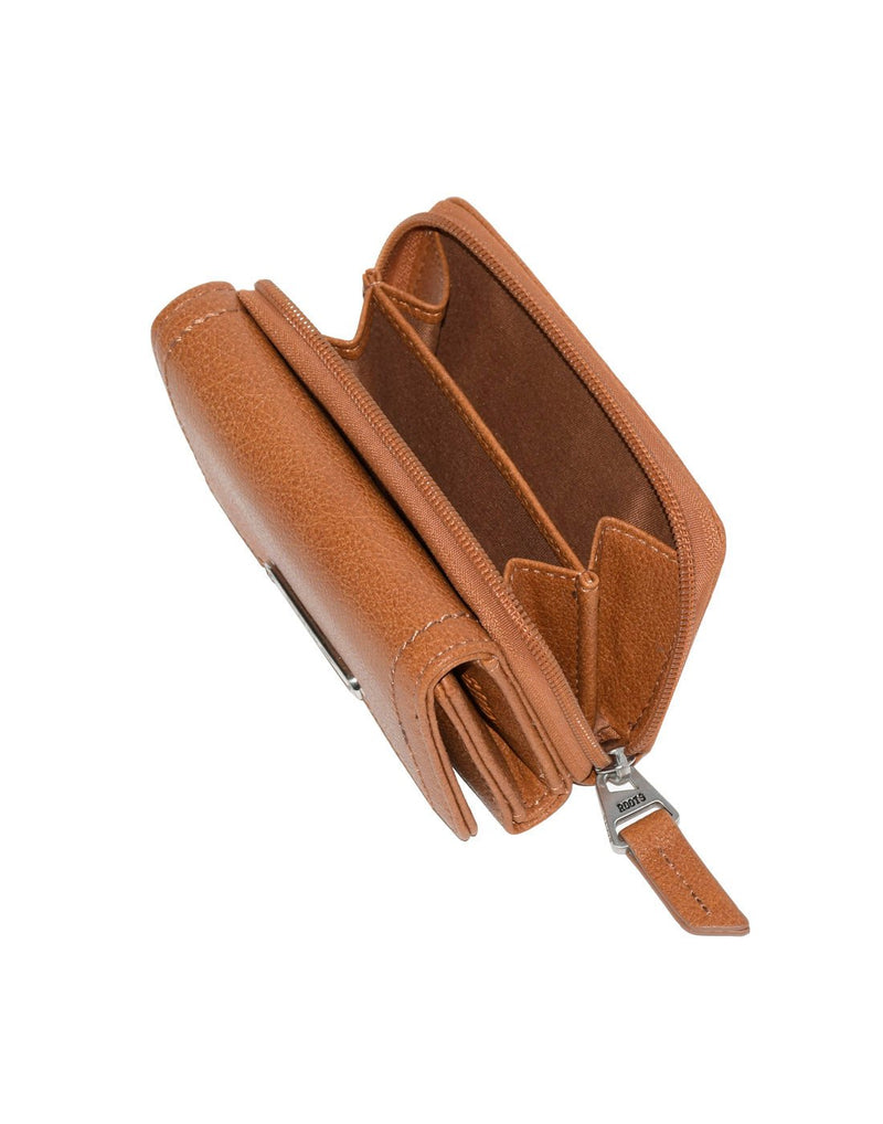 Roots Compact Trifold Wallet in cognac brown colour, top view with zippered pocket open