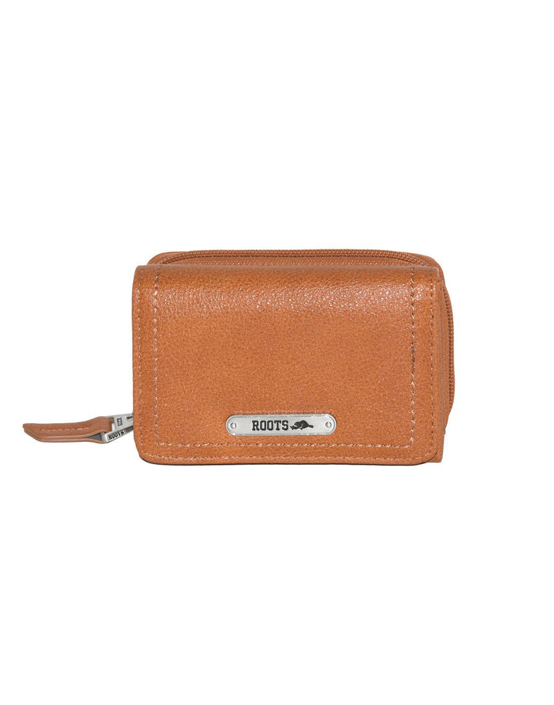Roots Compact Trifold Wallet in cognac brown colour, front view with double stitching around edges and metal Roots logo plate on front