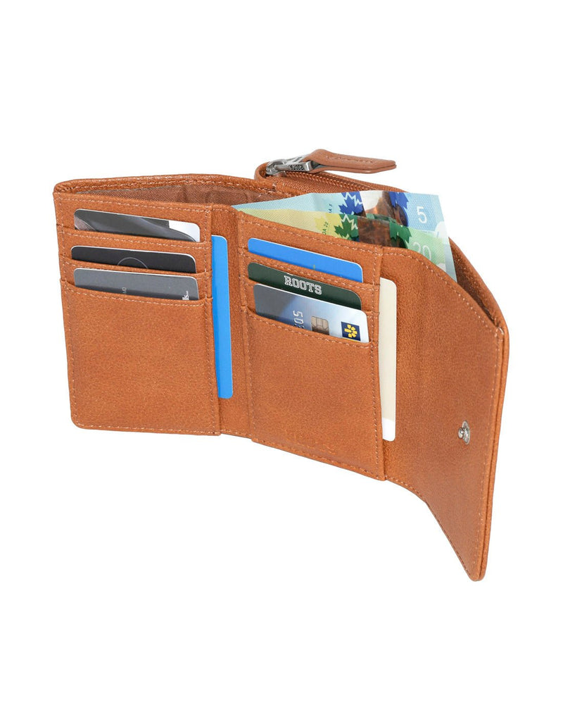 Roots Compact Trifold Wallet in cognac brown colour, opened  view with cards and money inside