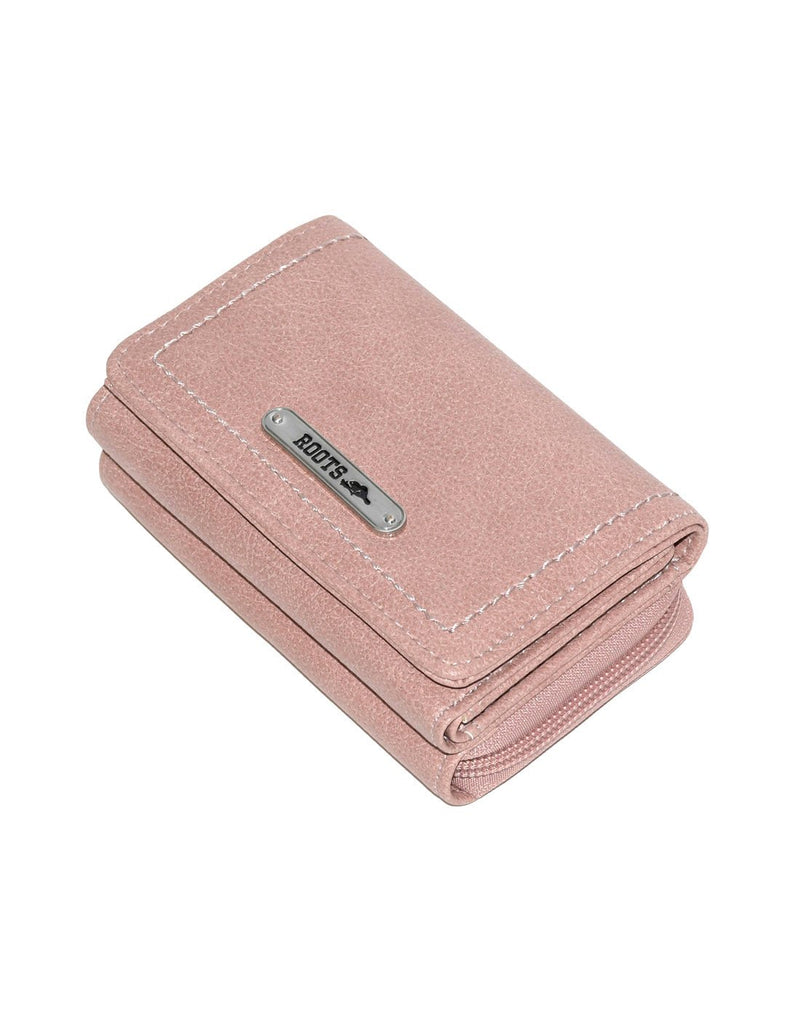 Roots Compact Trifold Wallet in blush pink colour, front view, laying down