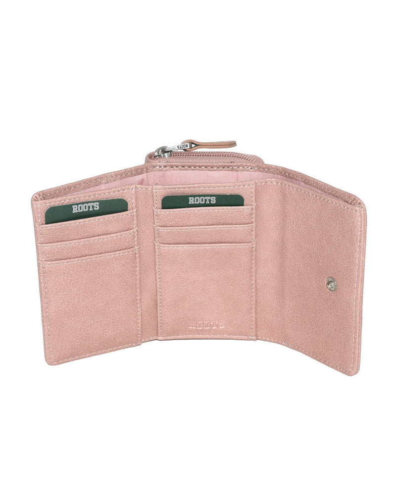 Roots Compact Trifold Wallet in blush pink colour, inside view with card slots on two sides and button closure on third