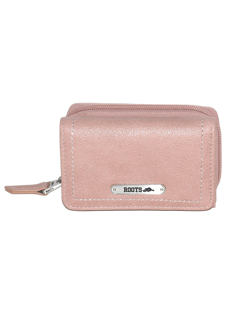 Roots Compact Trifold Wallet in blush pink colour, front view with double stitching around edges and metal Roots logo plate on front