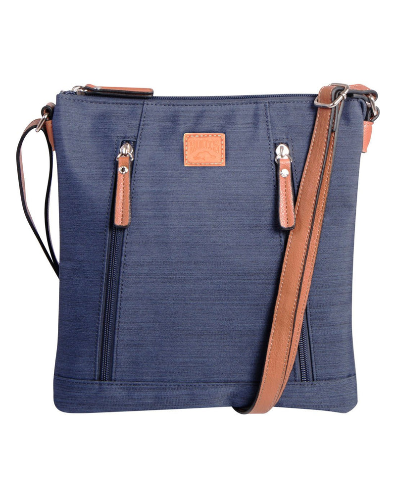 Roots Double Gusset 3 Compartment Crossbody, navy, with tan strap, details and zippers, front view