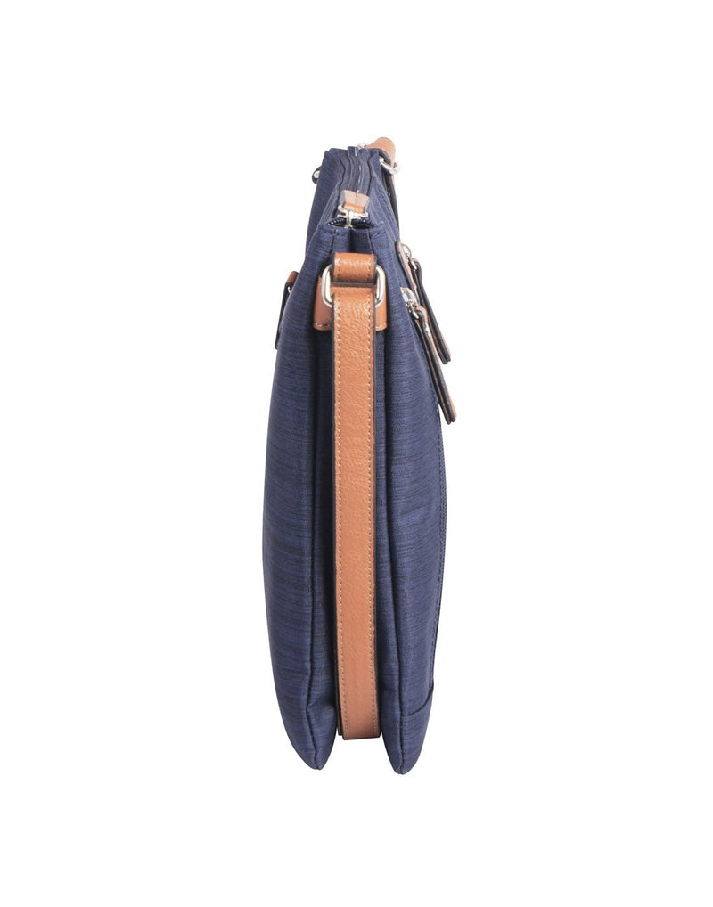 Roots Double Gusset 3 Compartment Crossbody, navy, with tan strap, details and zippers, side view