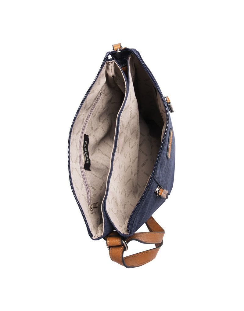 Roots Double Gusset 3 Compartment Crossbody, navy, with tan strap, details and zippers, top open view to tan interior