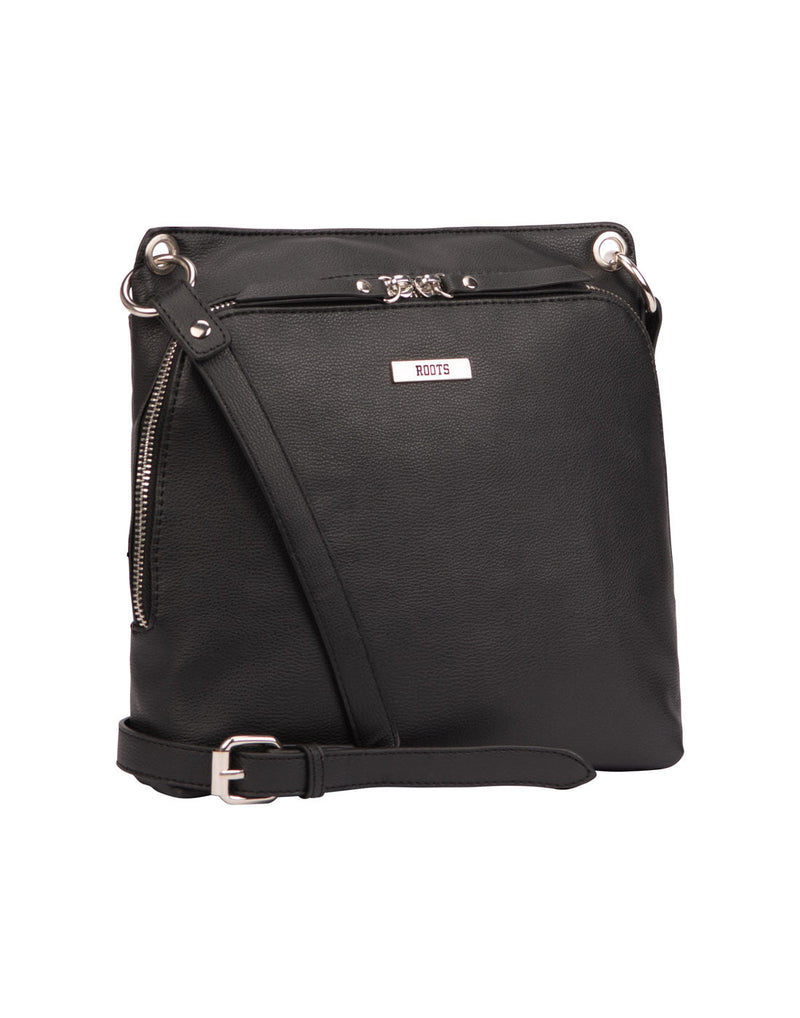 Roots Front Zip Crossbody, black, front angled view