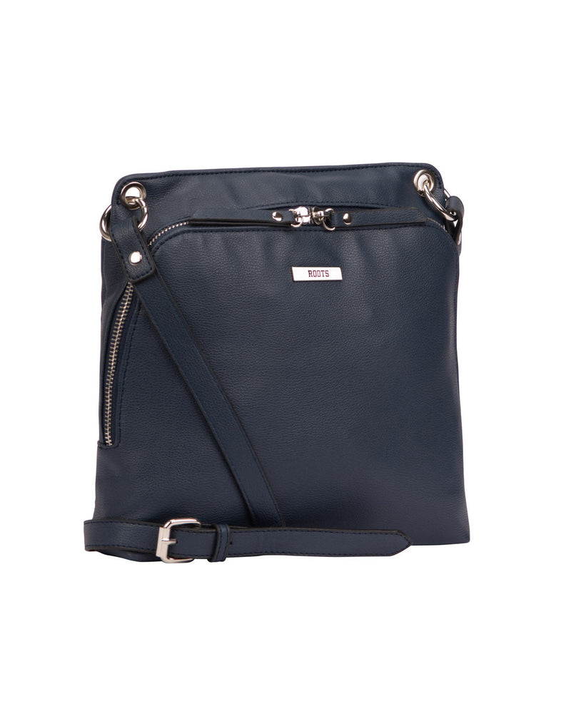 Roots Front Zip Crossbody, navy, front angled view