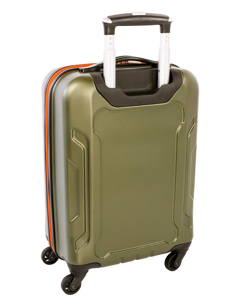 Roots Jasper 19" Hardside Spinner Carry-on, olive with orange zipper, back angled view