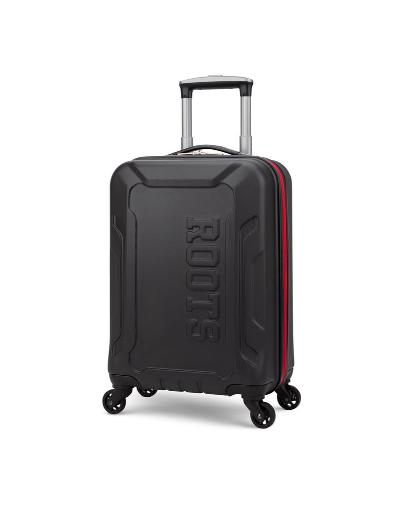 Roots Jasper 19" Hardside Spinner Carry-on, black with embossed Roots name on front and red zipper, front angled view
