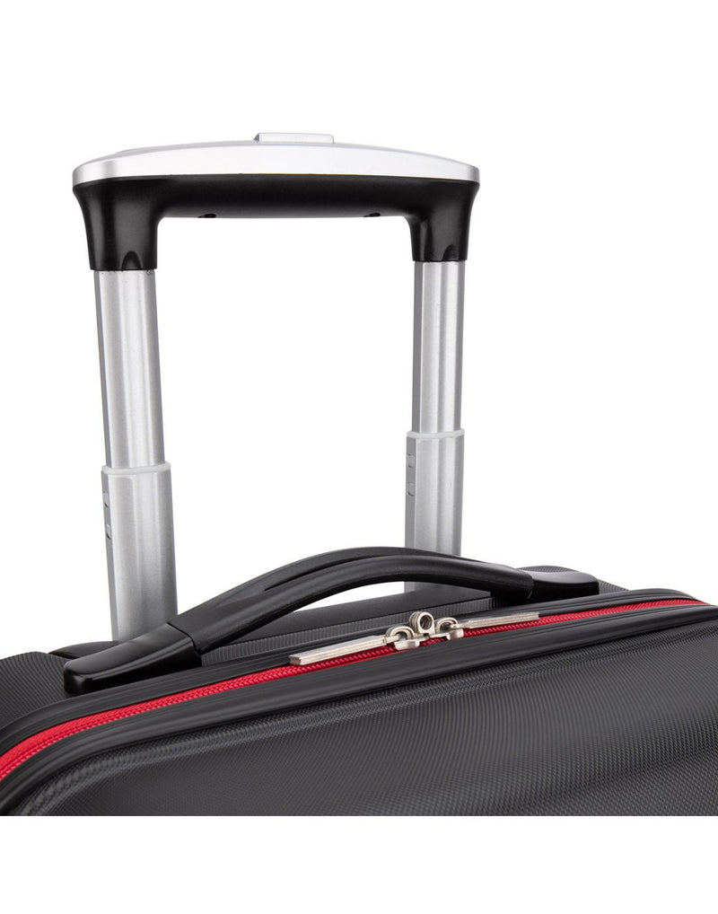 Close up of telescopic handle on black Roots Jasper 19" Hardside Spinner Carry-on