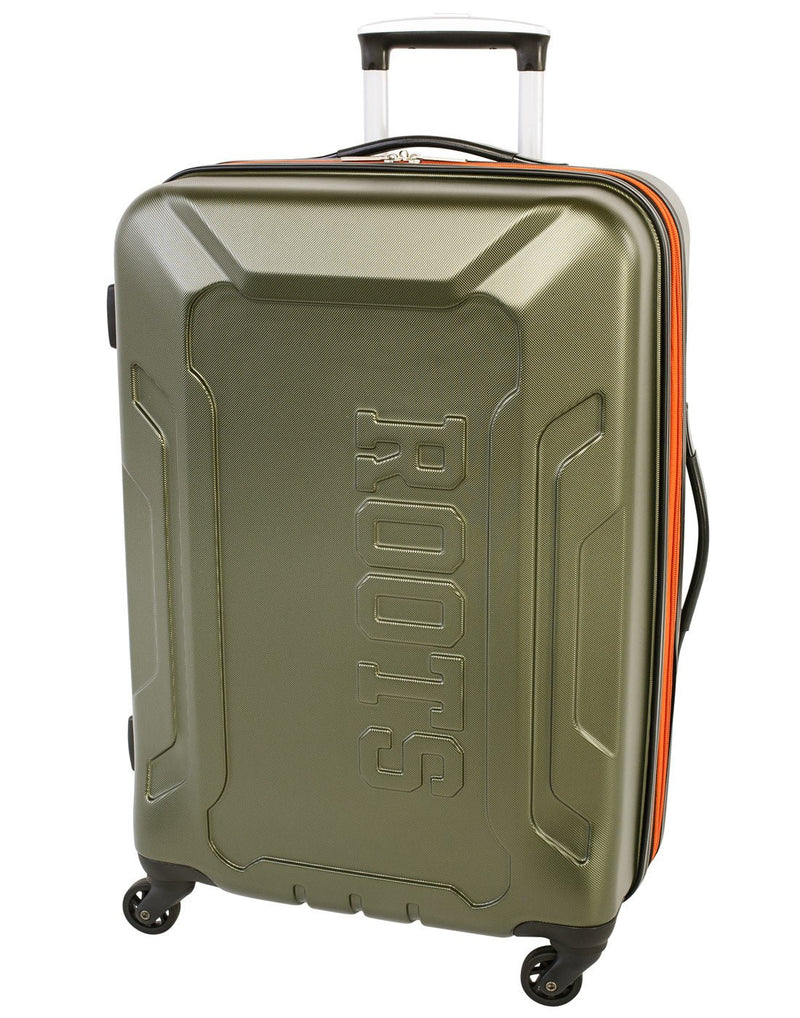 Roots Jasper 24" Hardside Expandable Spinner, olive with embossed Roots name on front and orange zipper, front angled view