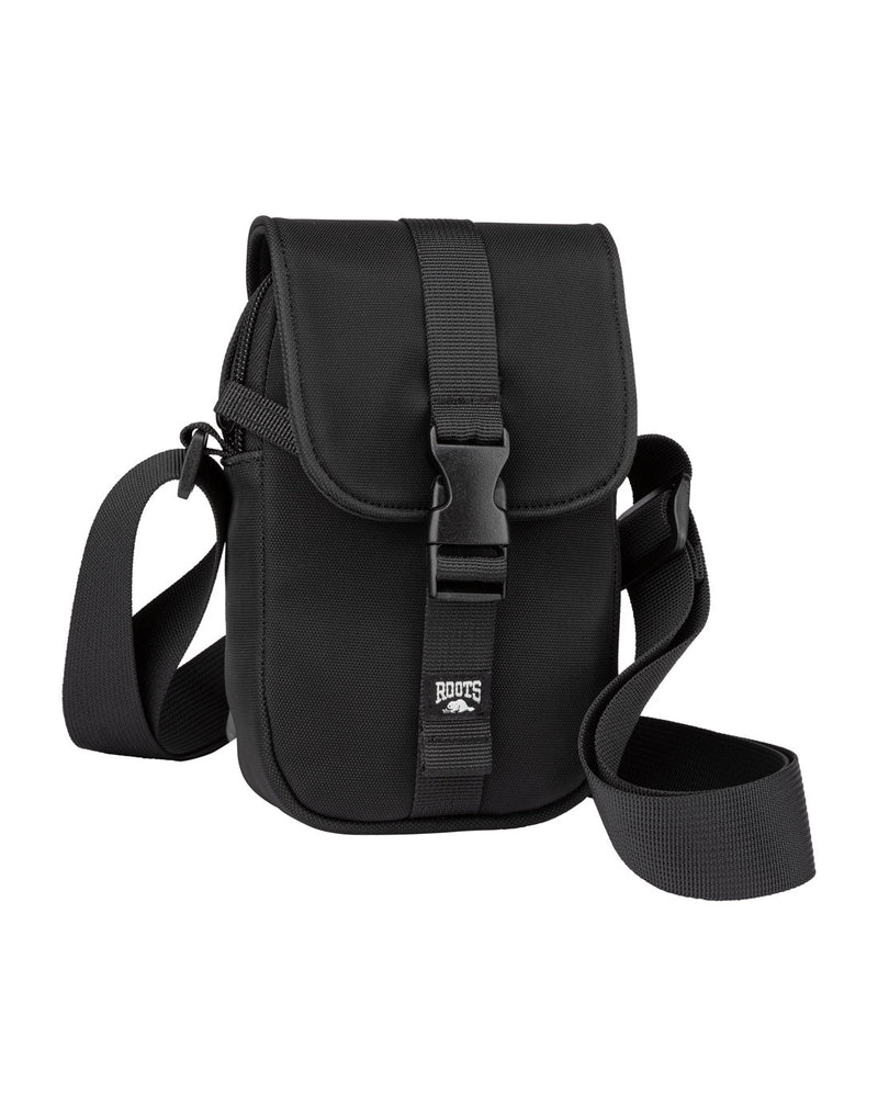 Roots Juan Cell Phone Crossbody, black with black straps and zipper, front view