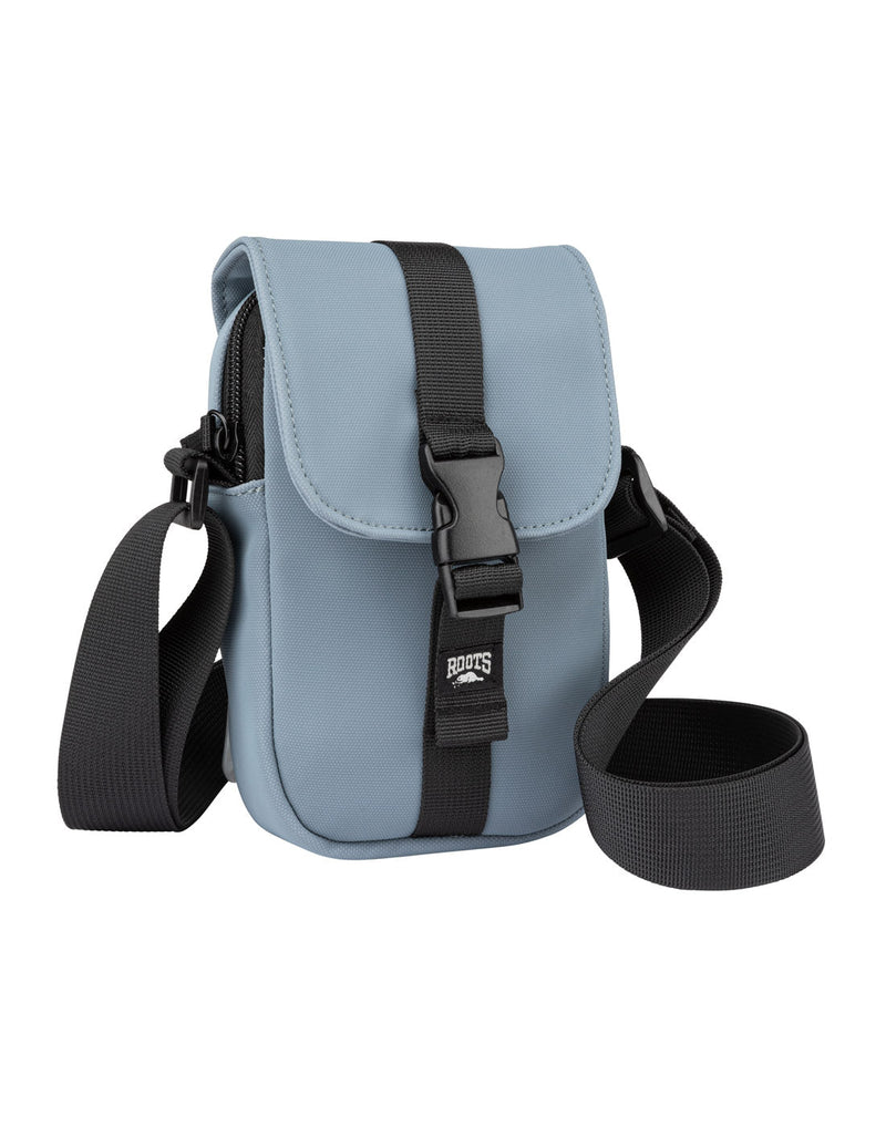 Roots Juan Cell Phone Crossbody, slate blue colour with black straps and zipper, front view