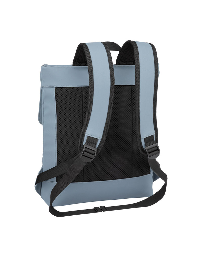 Roots Juan Flapover Backpack, slate blue colour, with black back panel and strap edging, back view