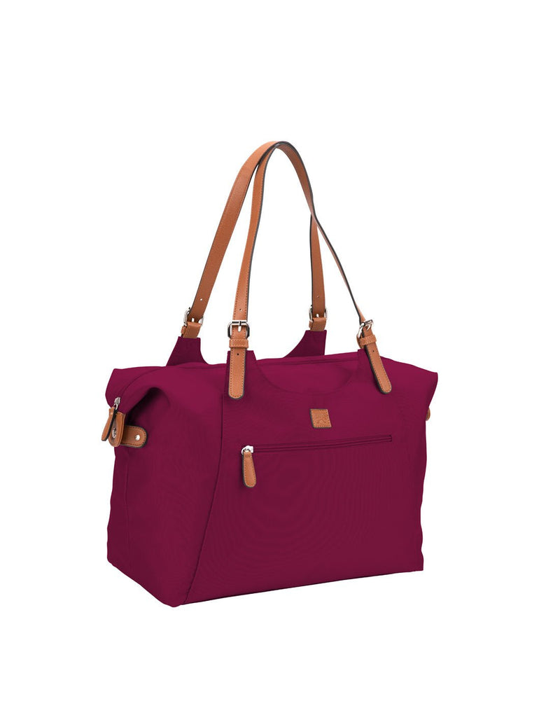 Roots Large Satchel in burgundy with cognac handle and zipper pull, front angled view