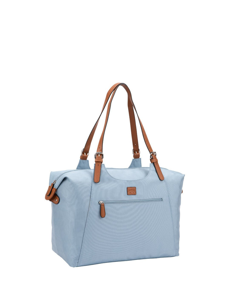 Roots Large Satchel, light blue with light brown faux leather straps and zipper pulls, front angled view