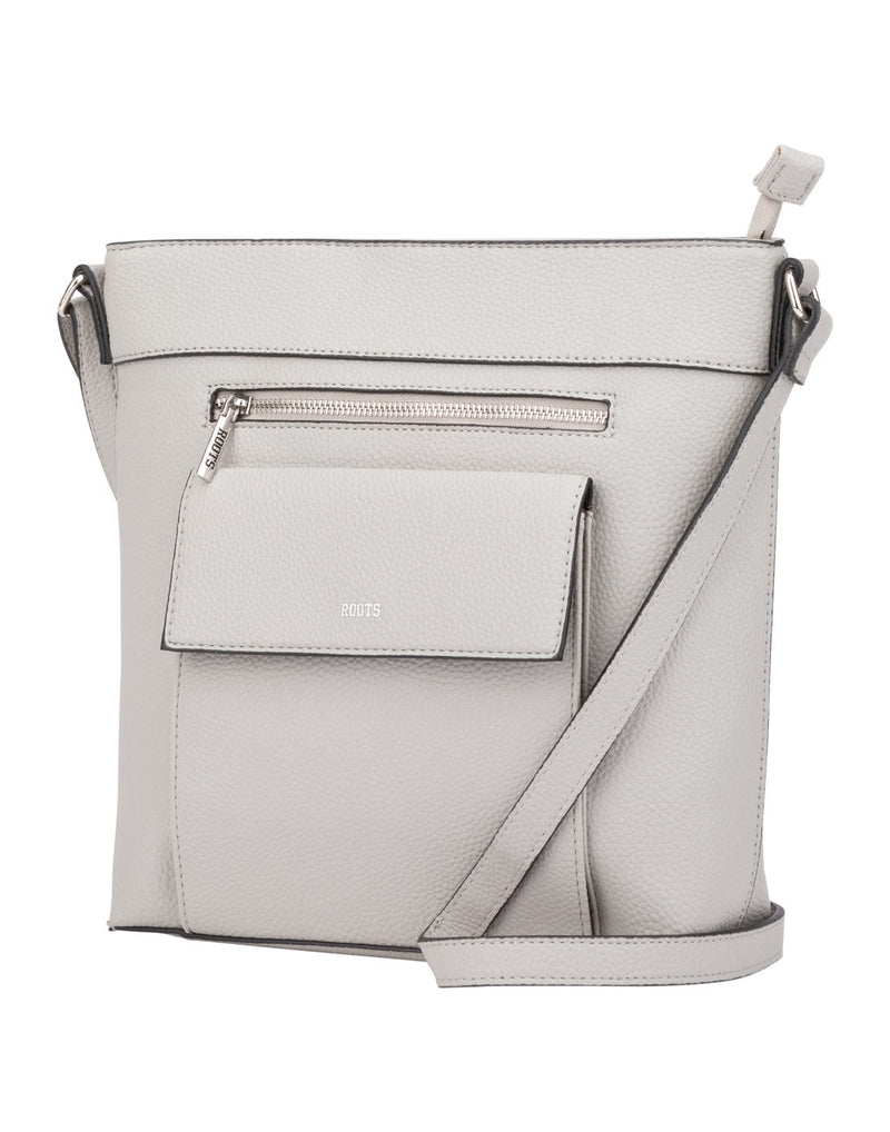 Roots Pebbled Crossbody, cement colour, front angled view
