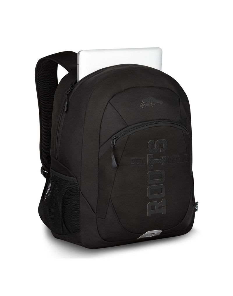 Roots Recycled Backpack, black, front angled view with laptop sticking out of top