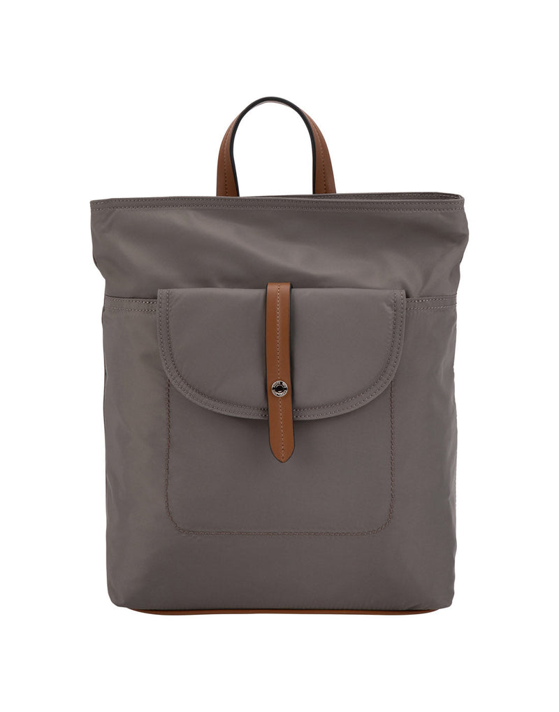 Roots Recycled backpack in grey with cognac brown trim, front view