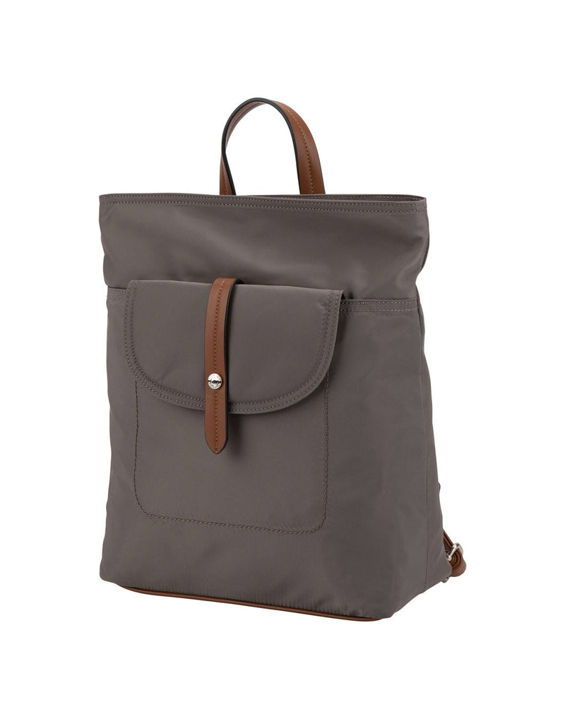 Roots Recycled backpack in grey with cognac brown trim, front angled view