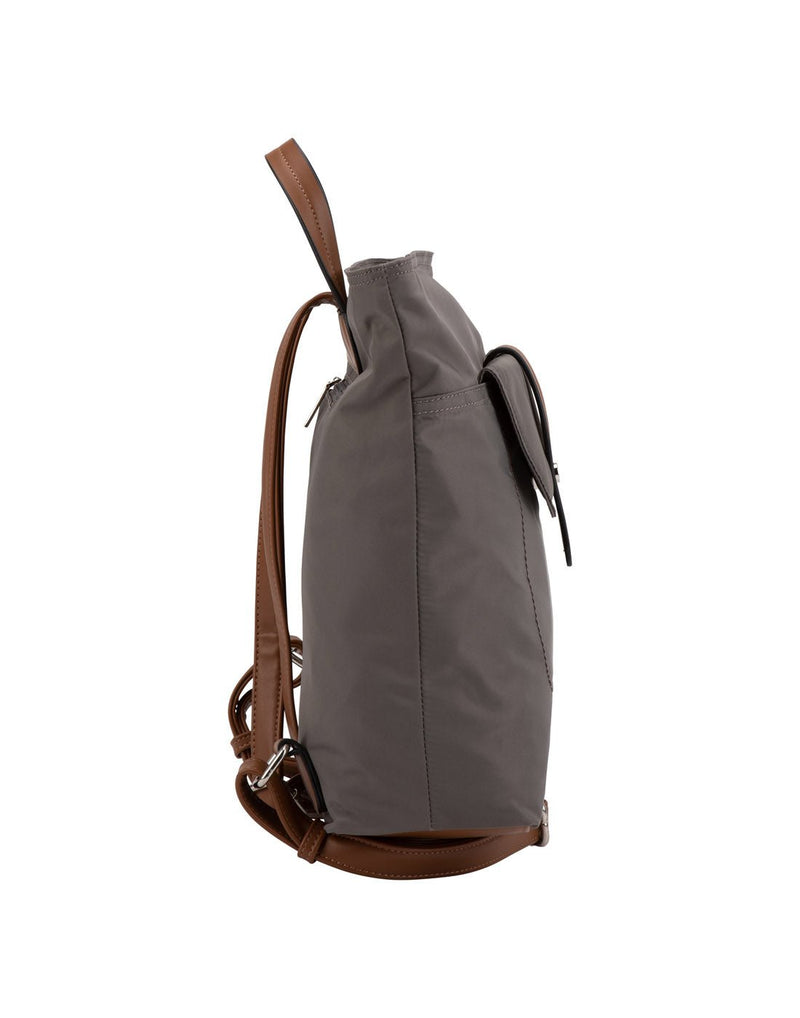 Roots Recycled backpack in grey with cognac brown trim, side view
