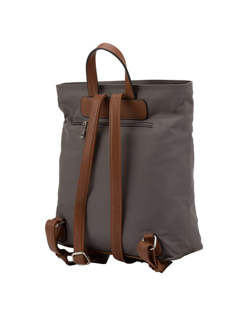 Roots Recycled backpack in grey with cognac brown trim, back view