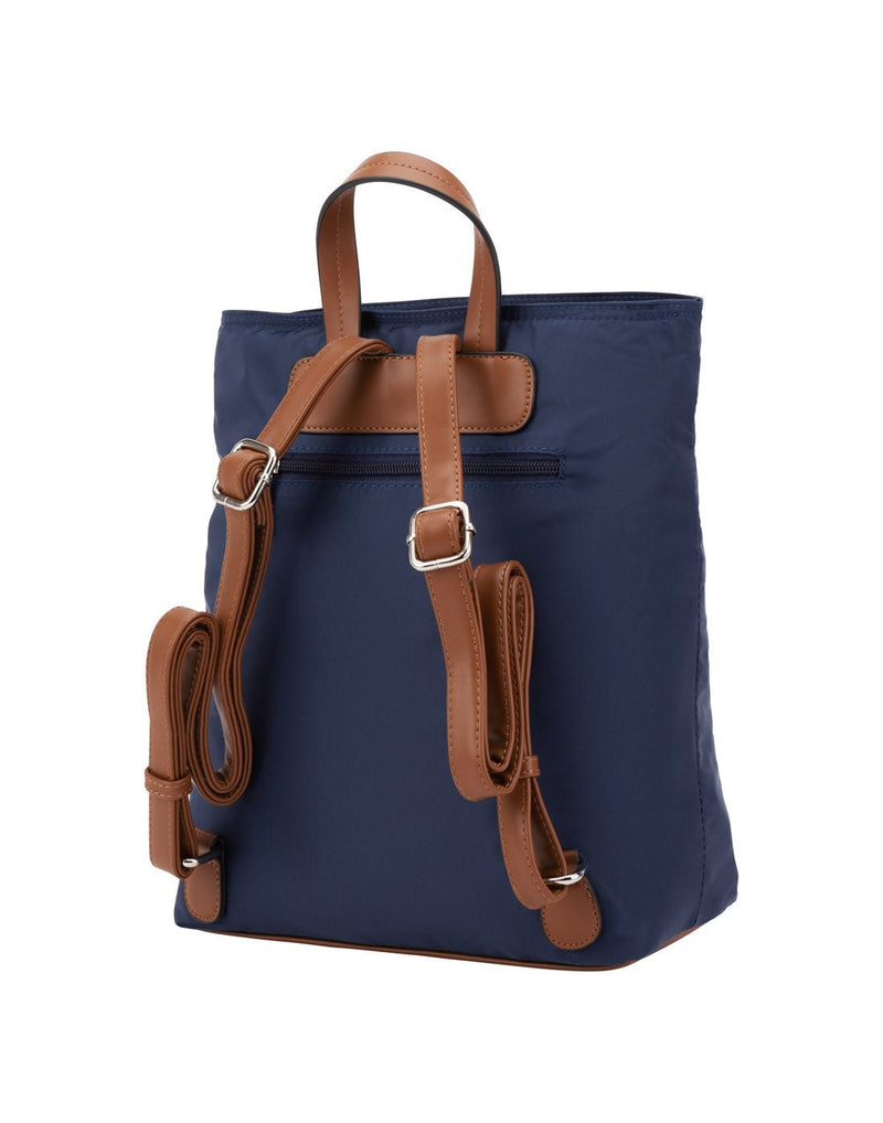 Roots Recycled backpack in navy with cognac brown trim, back view