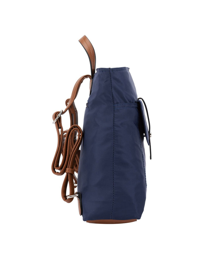 Roots Recycled backpack in navy with cognac brown trim, side view