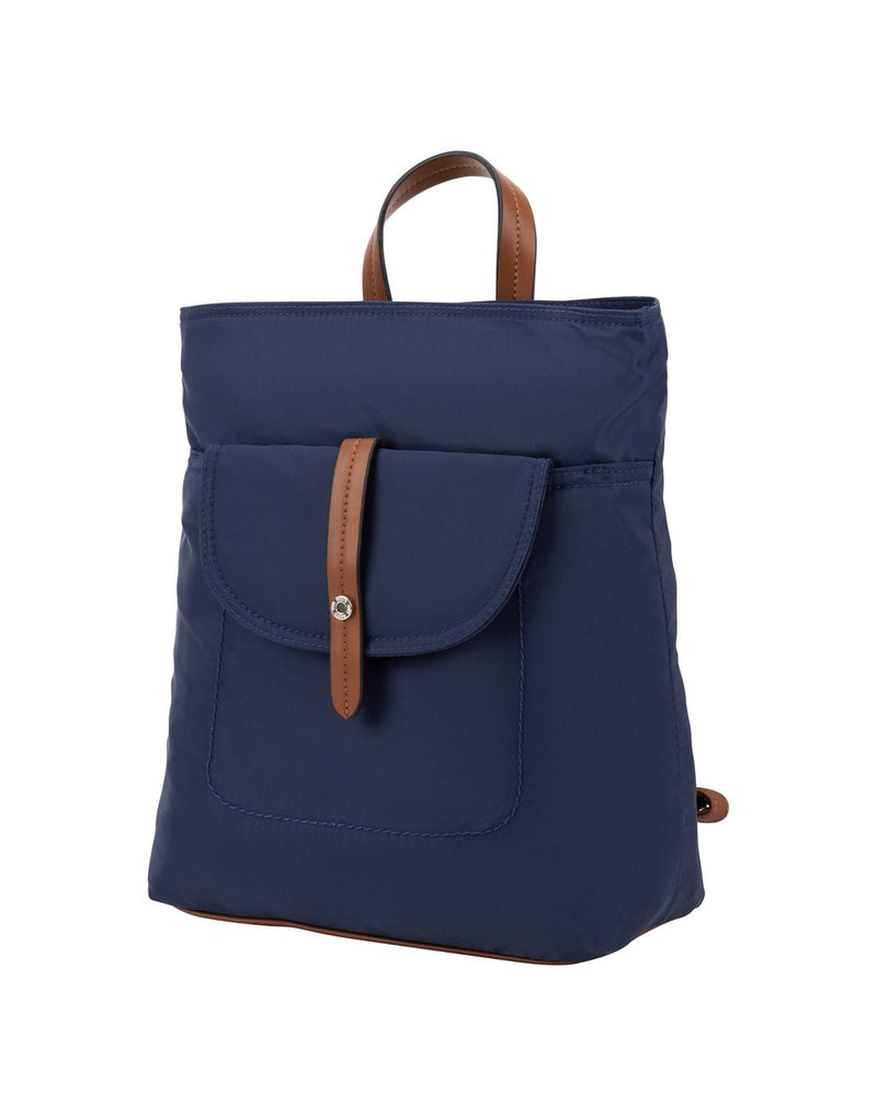Roots Recycled backpack in navy with cognac brown trim, front angled view
