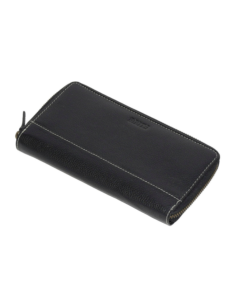 Roots Slim Zip Around Bifold Leather Wallet, black, front view, laying down