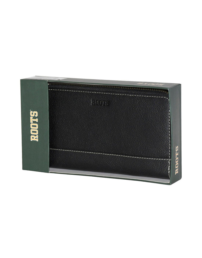 Roots Slim Zip Around Bifold Leather Wallet, black, front boxed package view