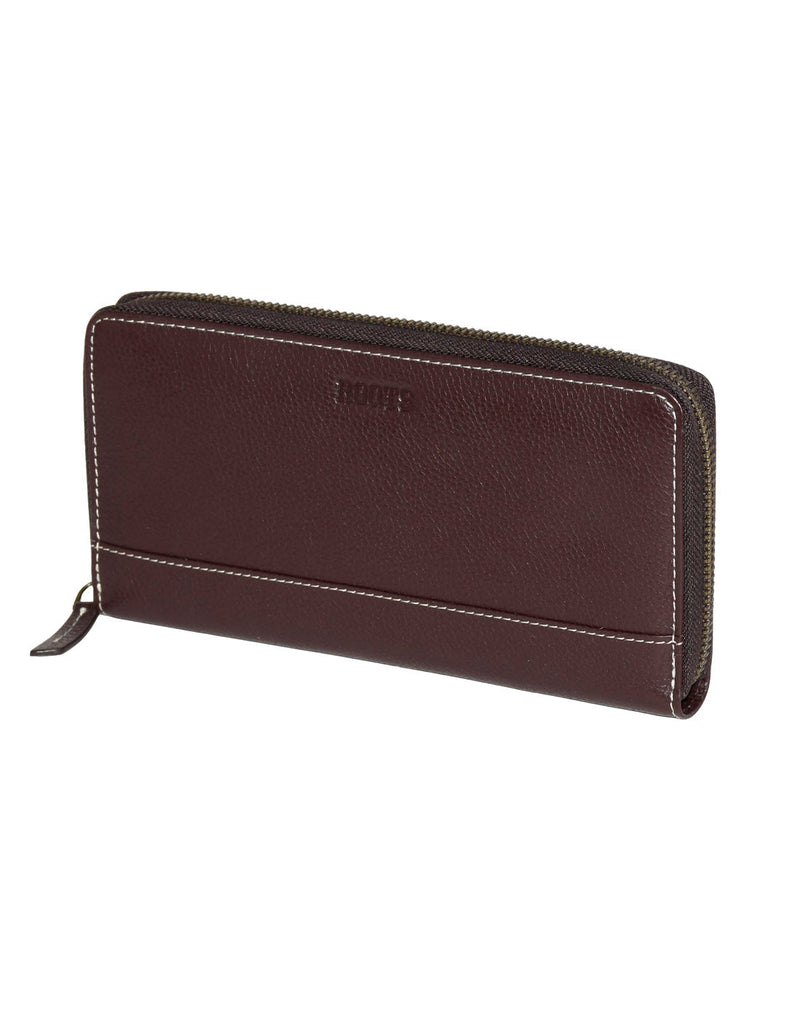 Roots Slim Zip Around Bifold Leather Wallet, merlot colour, front angled view