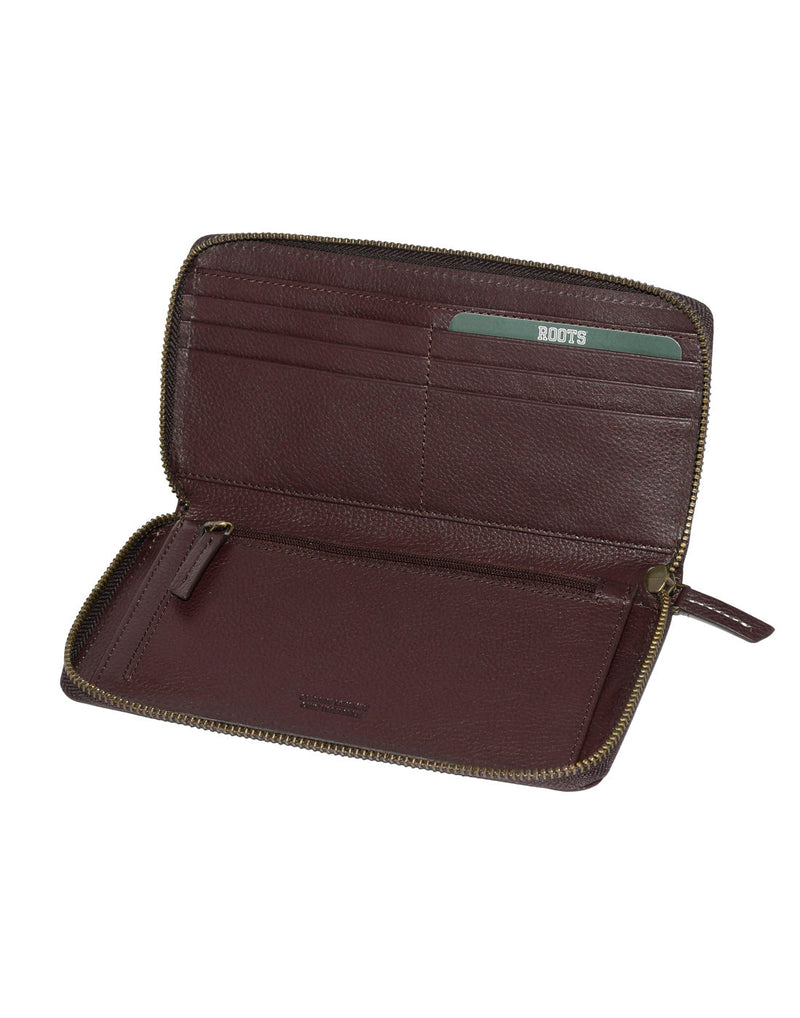 Roots Slim Zip Around Bifold Leather Wallet, merlot colour, inside view of card slots on one side and a zippered pocket on the other side