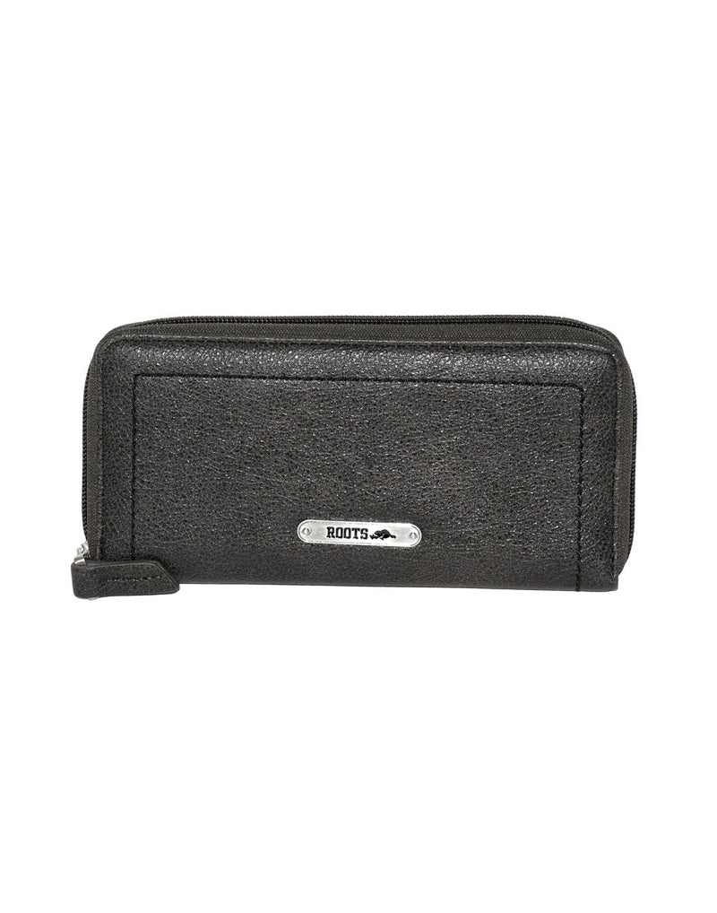 Roots Slim Zip Around Bifold Wallet in charcoal, front view, with metal Roots logo plate on front